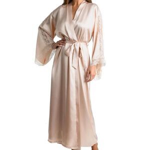 Linea Donatella Luxe Bride Blush Lingerie long Satin Robe lace detail Sz L/XL
